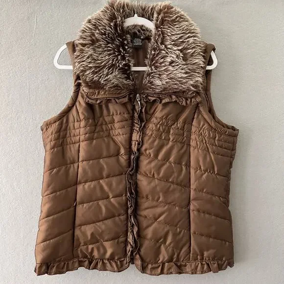 New Directions Brown Puffer Vest W/ Faux Fur Collar And Ruffle Detail Womens XL - Picture 1 of 12